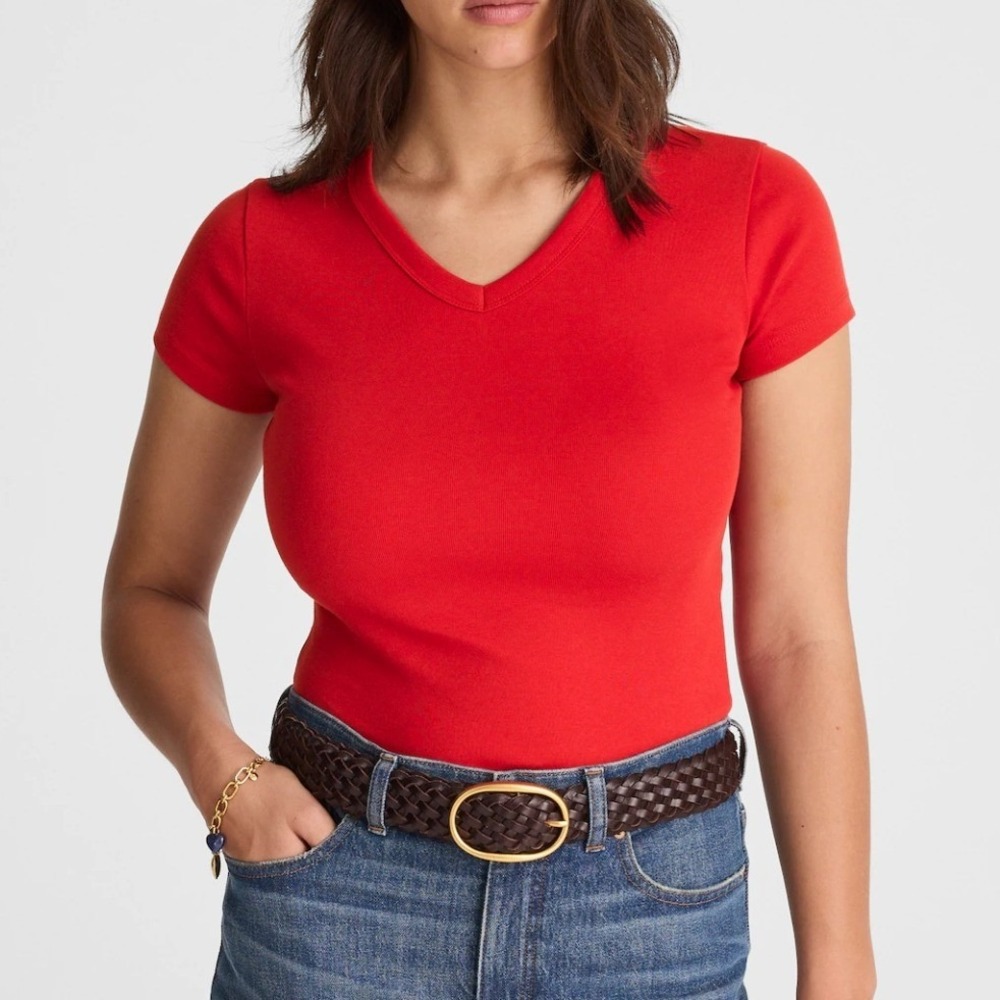 Madewell T-Shirt Women XS Red V-Neck Short Sleeve Cotton Solid Tee Minimalist